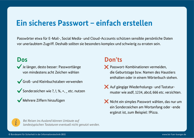 Die Infografik zeigt, was beim Erstellen von Passwörtern beachtet werden sollte.